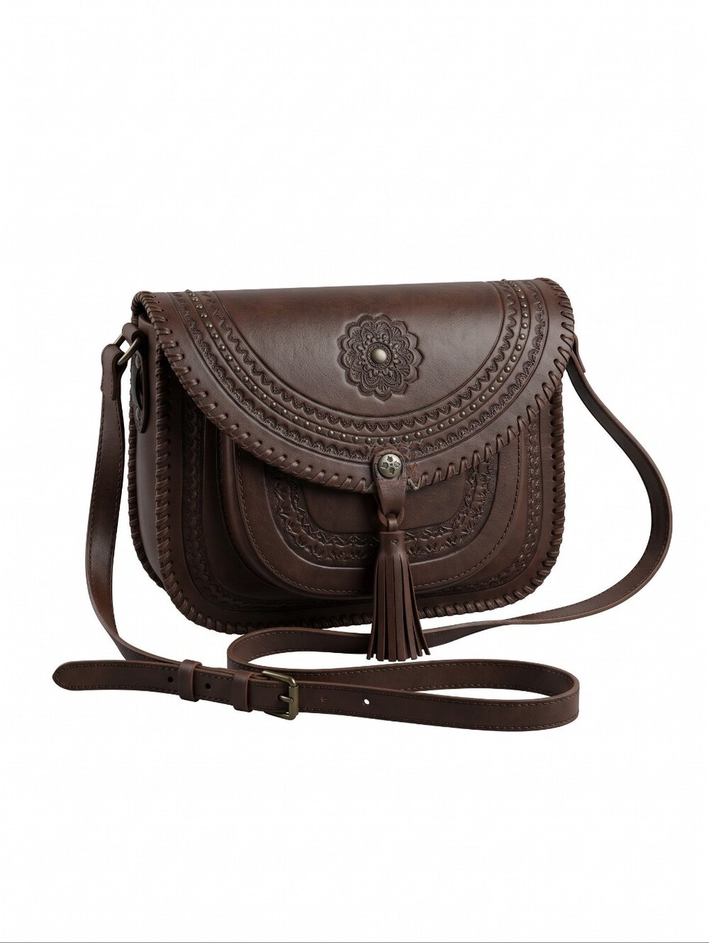 Patricia Nash Chocolate Espresso Brown Hand Tooled Leather Floral Crossbody